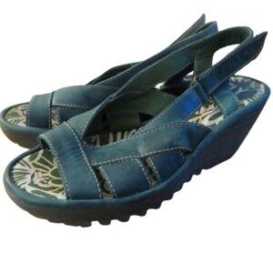 FLY LONDON Leather Yisa Wedge Sandals in Forest Green Sz US 6-6.5 / EU 38